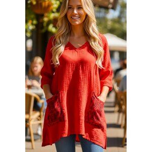 CMC by Color Me Cotton Red Gauze Tunic Top Boho Pocket Detail USA XL
